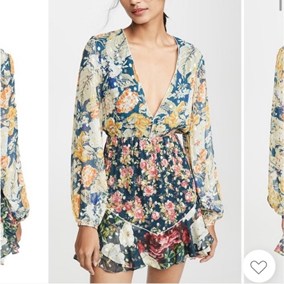 Hemant & Nandita Della Long Sleeve Mini Dress Green Floral Gold Size XS - Picture 3 of 11